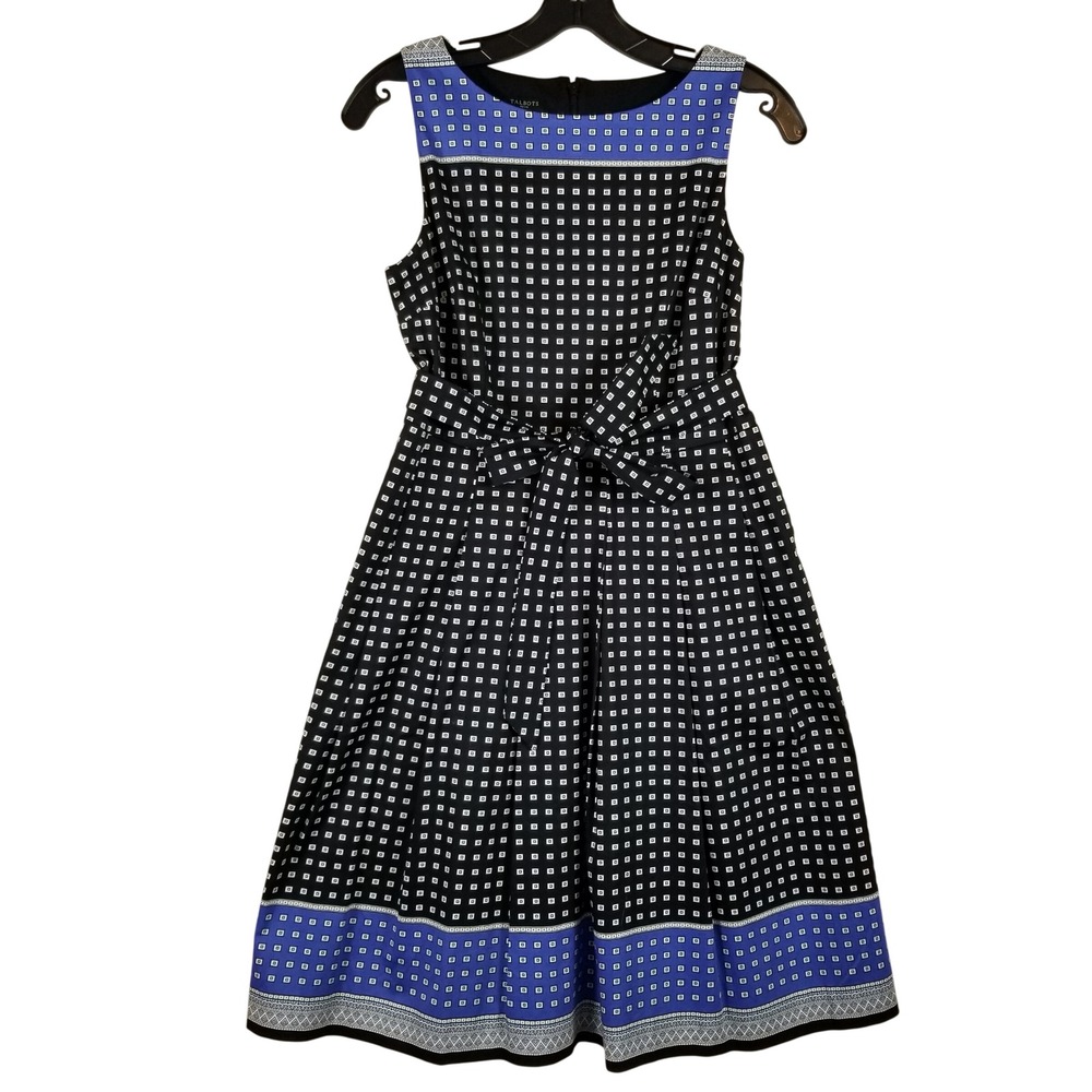 Talbots Petite Black Blue Geometric Square Print Fit Flare Belted‎ Dress 2P